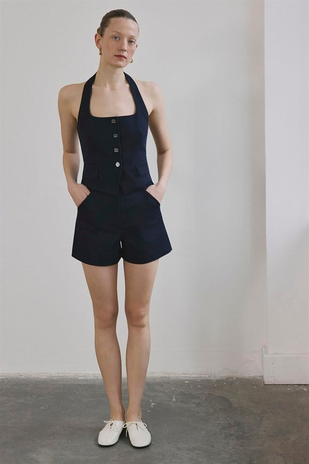 High Waist Denim Textured Navy Blue Mini Shorts
