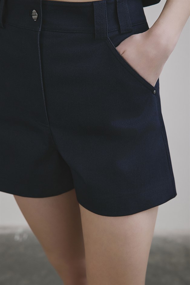 High Waist Denim Textured Navy Blue Mini Shorts