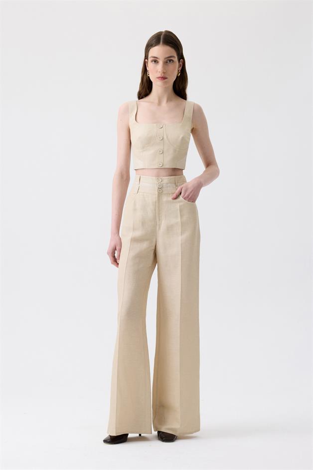 Yüksek Bel Geniş Paça Düğmeli Bej Pantolon