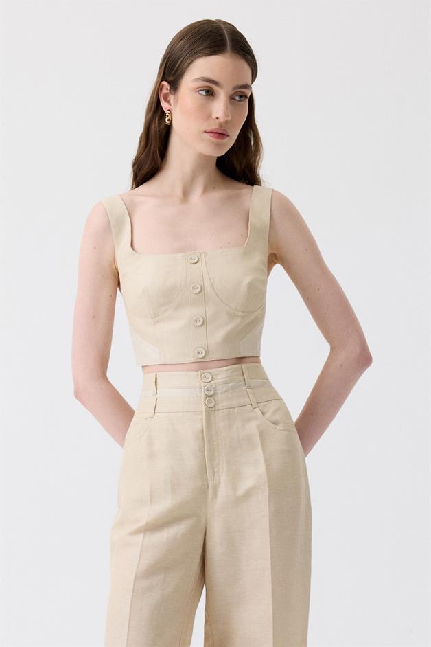 Yüksek Bel Geniş Paça Düğmeli Bej Pantolon