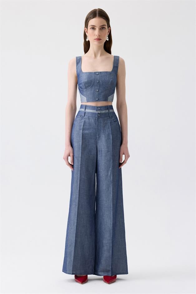 Yüksek Bel Geniş Paça Düğmeli Lacivert Pantolon