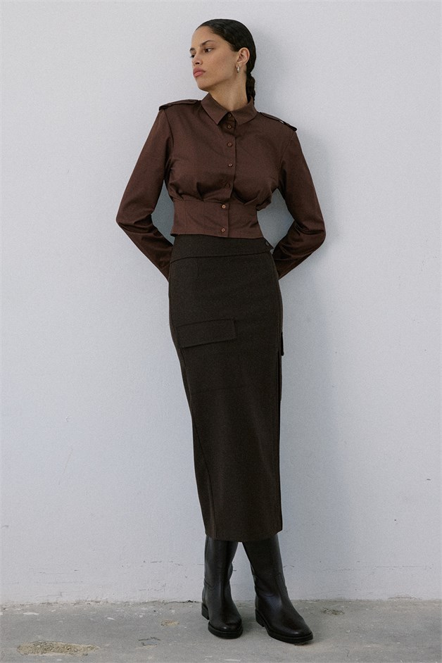 High Waist Cargo Pocket Midi Brown Skirt