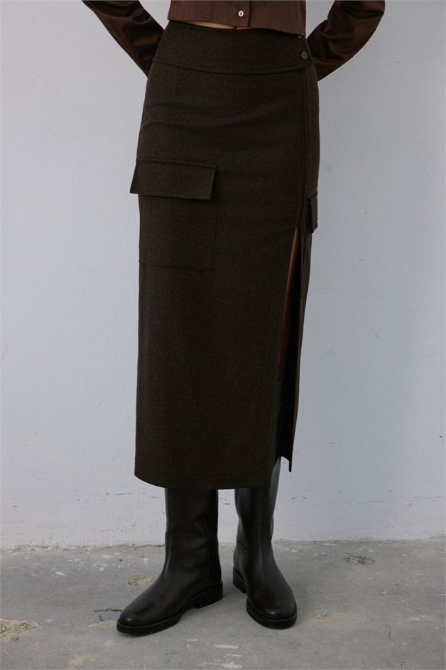 High Waist Cargo Pocket Midi Brown Skirt