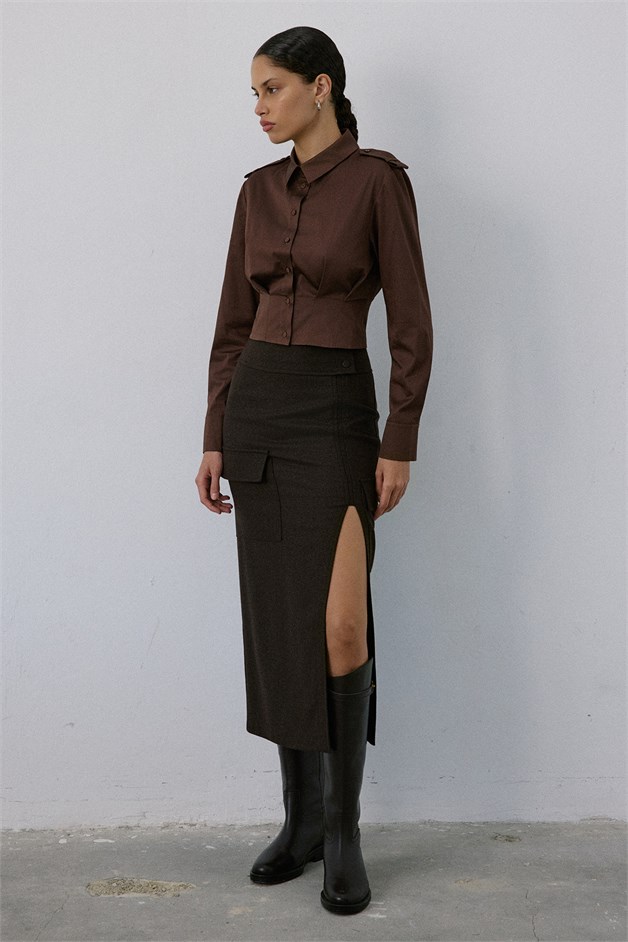 High Waist Cargo Pocket Midi Brown Skirt