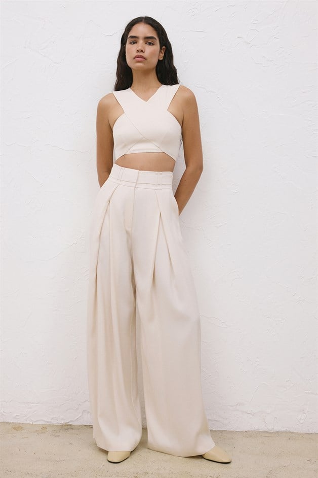 High-Waist Belt Detail Wide Leg Beige Trousers