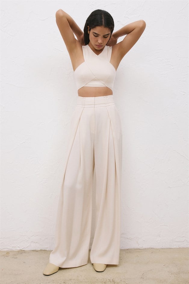 High-Waist Belt Detail Wide Leg Beige Trousers