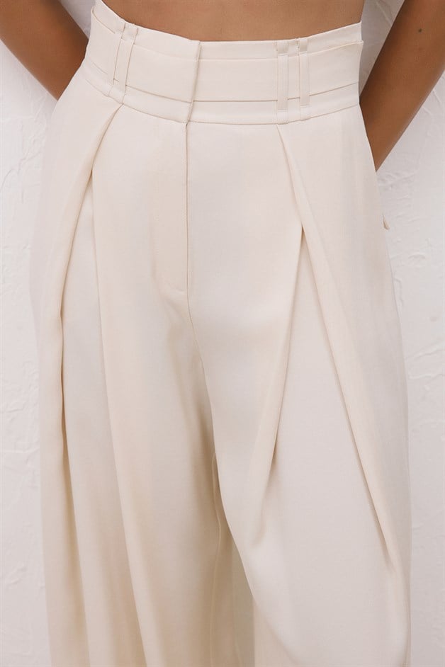 High-Waist Belt Detail Wide Leg Beige Trousers