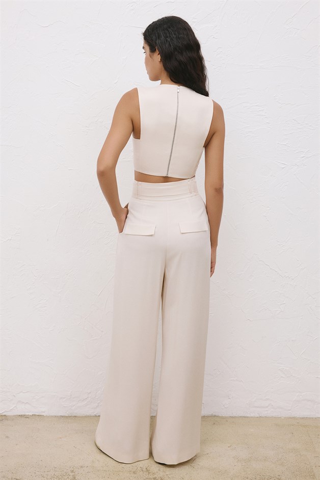 High-Waist Belt Detail Wide Leg Beige Trousers