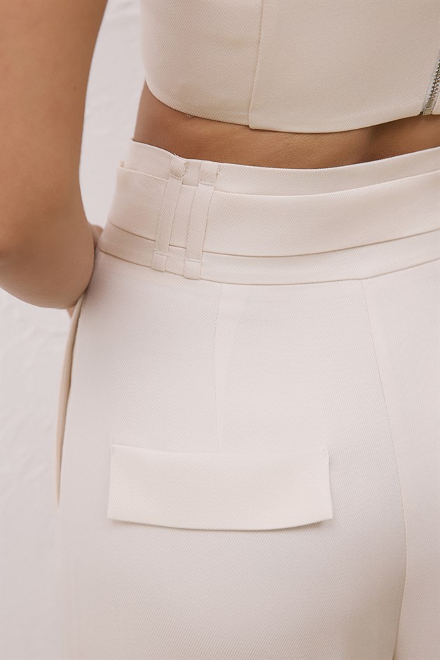 High-Waist Belt Detail Wide Leg Beige Trousers