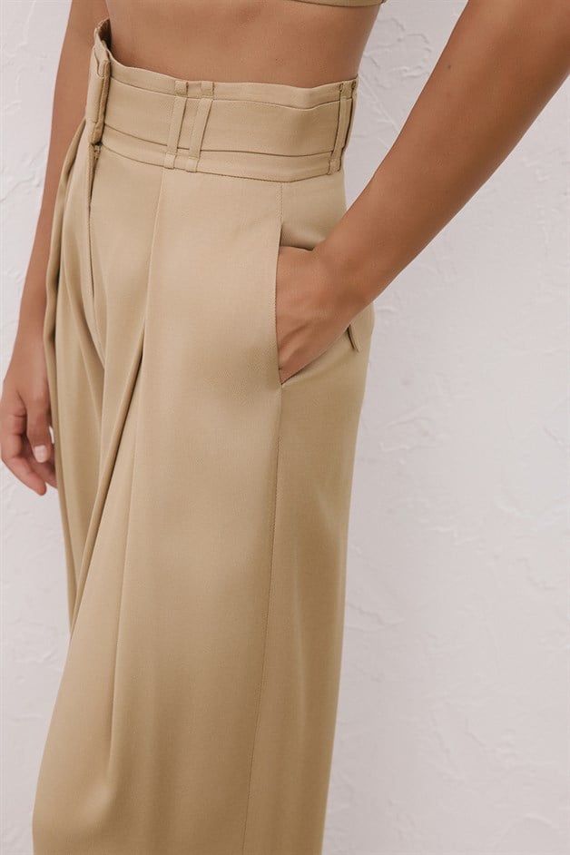 High Waist Belt Detail Wide Leg Camel Trousers