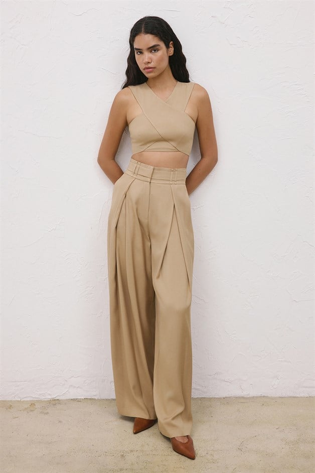 High Waist Belt Detail Wide Leg Camel Trousers