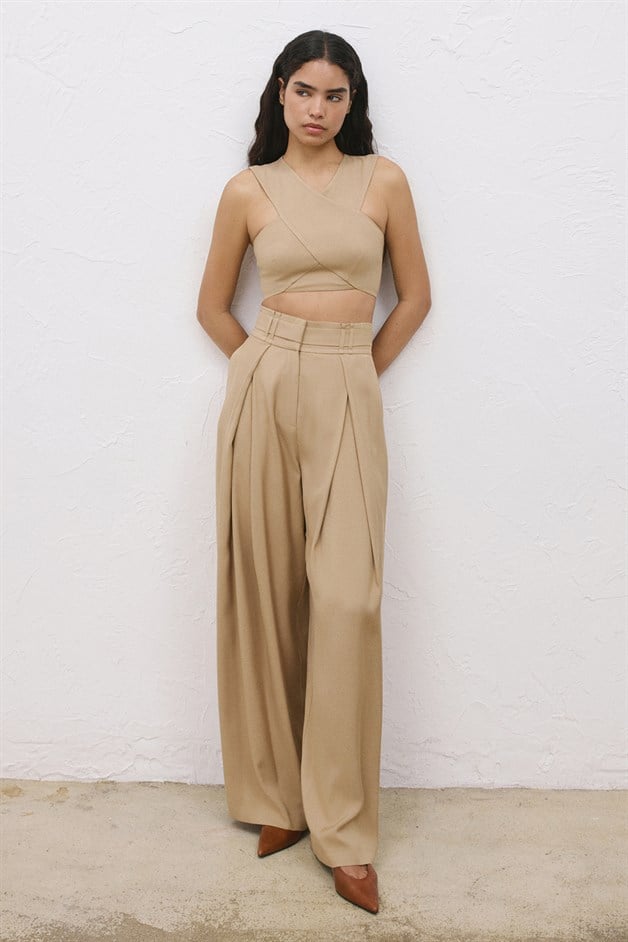 High Waist Belt Detail Wide Leg Camel Trousers