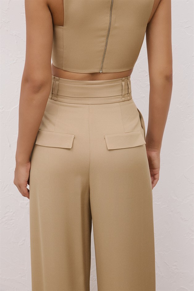 High Waist Belt Detail Wide Leg Camel Trousers