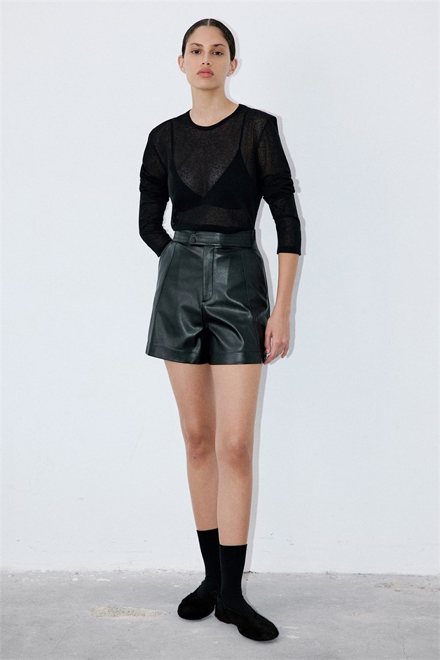 High Waist Faux Leather Black Shorts