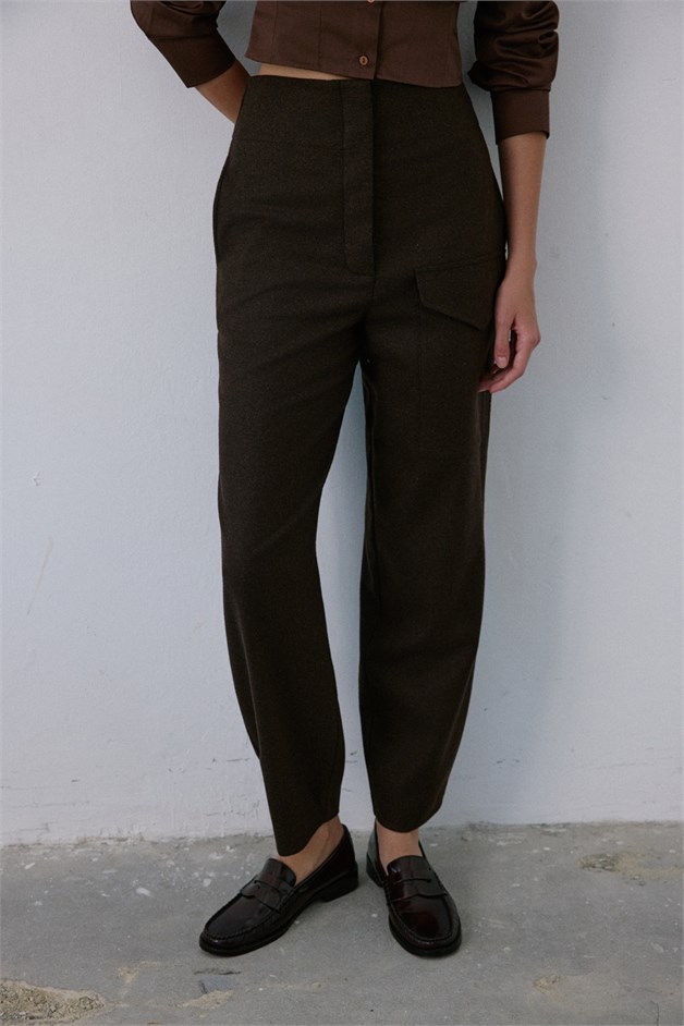 High Waist Wool Textured Brown Trousers