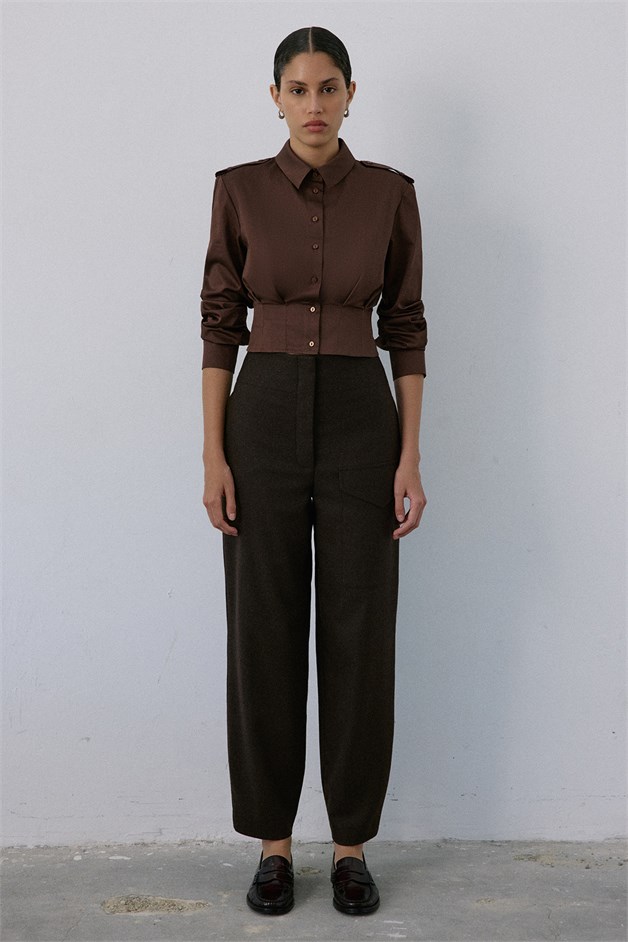 High Waist Wool Textured Brown Trousers