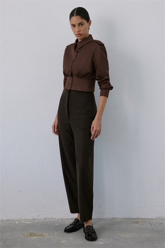 High Waist Wool Textured Brown Trousers