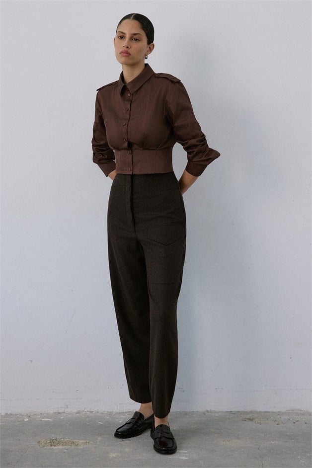 High Waist Wool Textured Brown Trousers