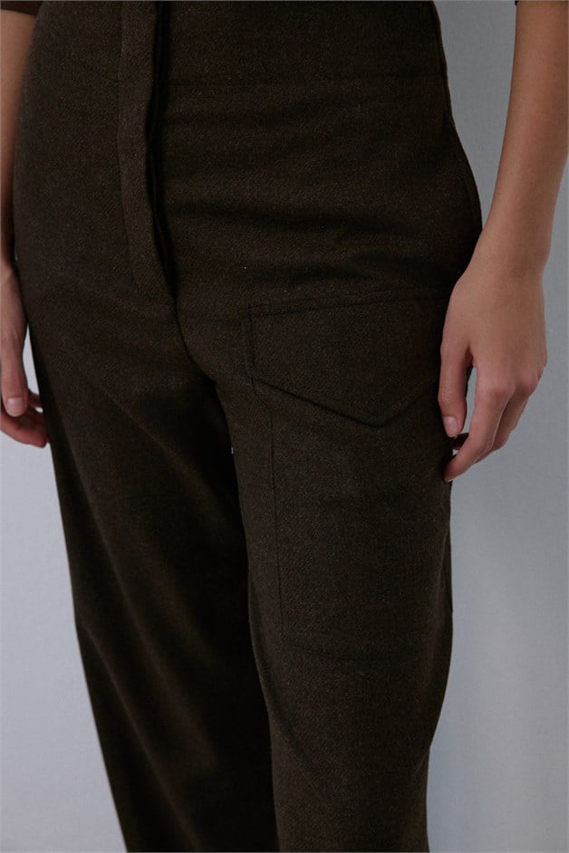 High Waist Wool Textured Brown Trousers