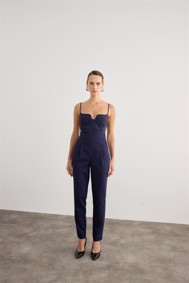 High Waist Front Pleated Navy Trousers