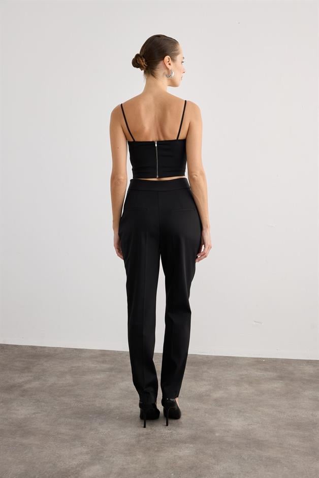 High Waist Front Pleated Black Trousers