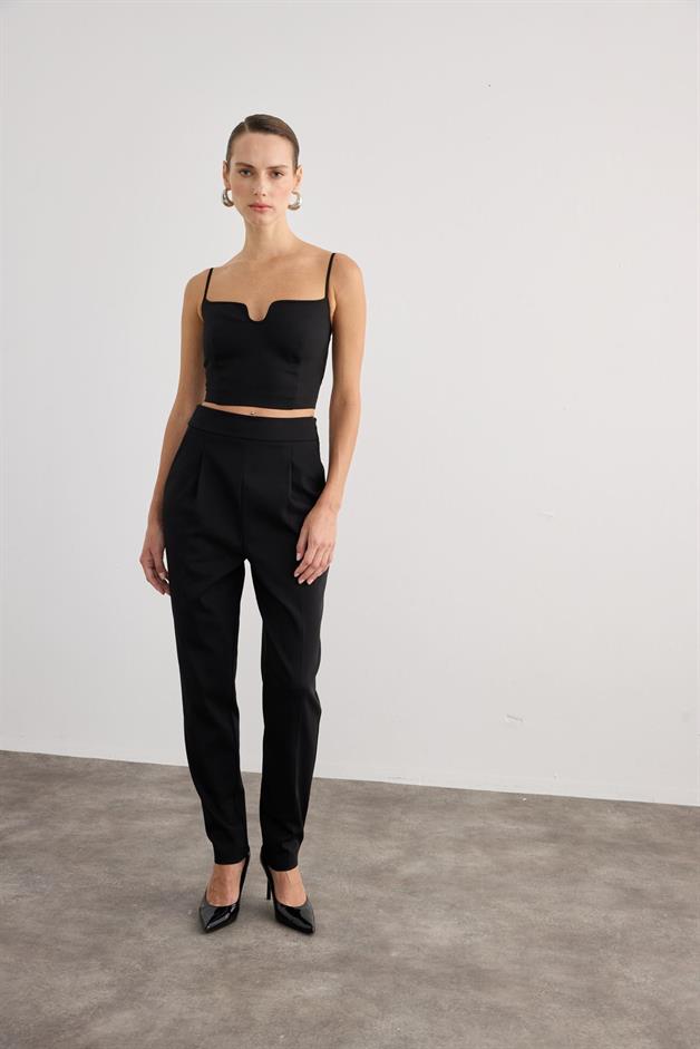 High Waist Front Pleated Black Trousers