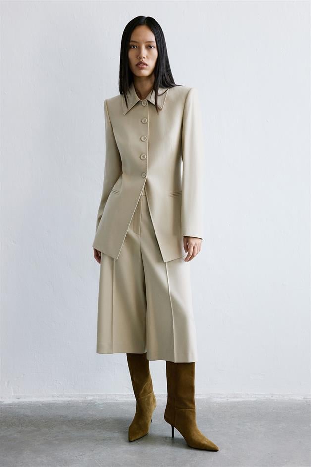 Wool-Textured Beige Long Jacket  