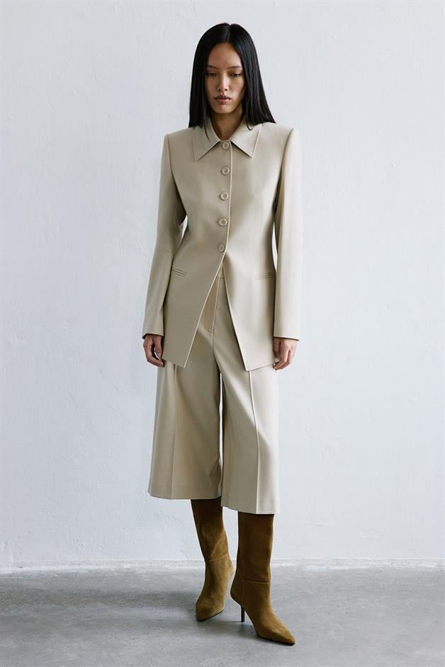 Wool-Textured Beige Long Jacket  