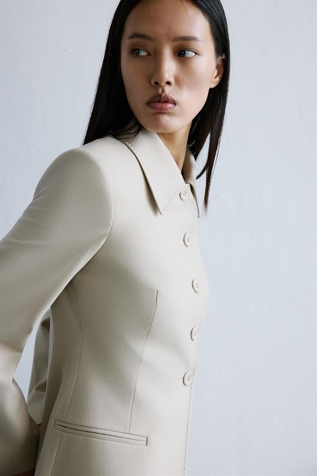 Wool-Textured Beige Long Jacket  