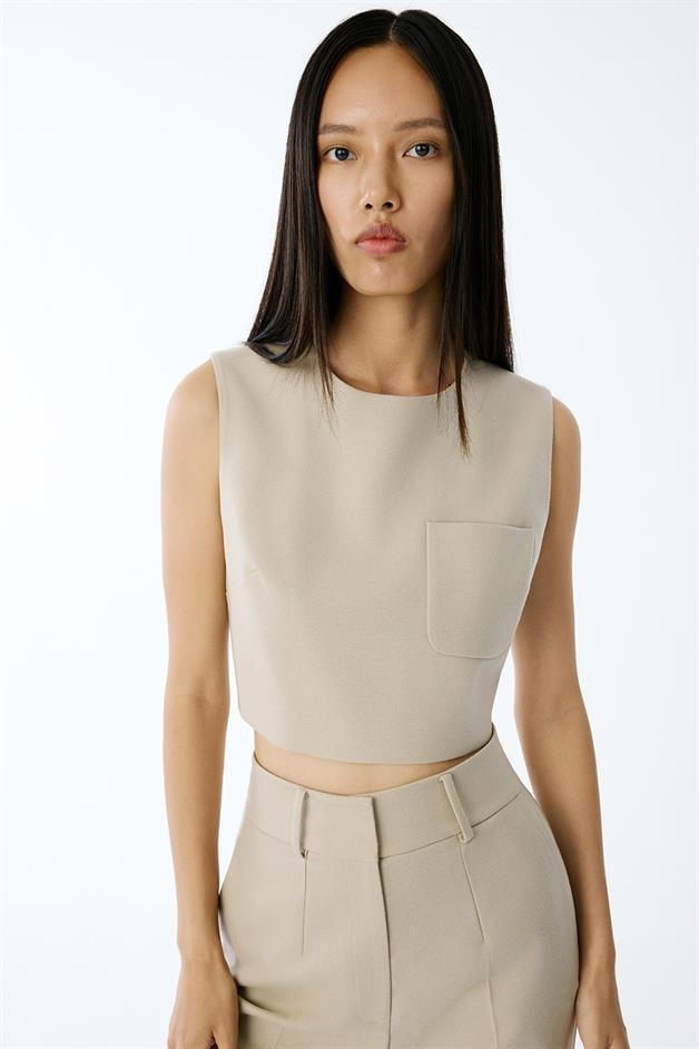 Wool-Textured Crop Beige Blouse