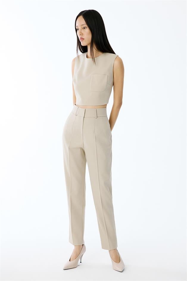 Wool-Textured Crop Beige Blouse