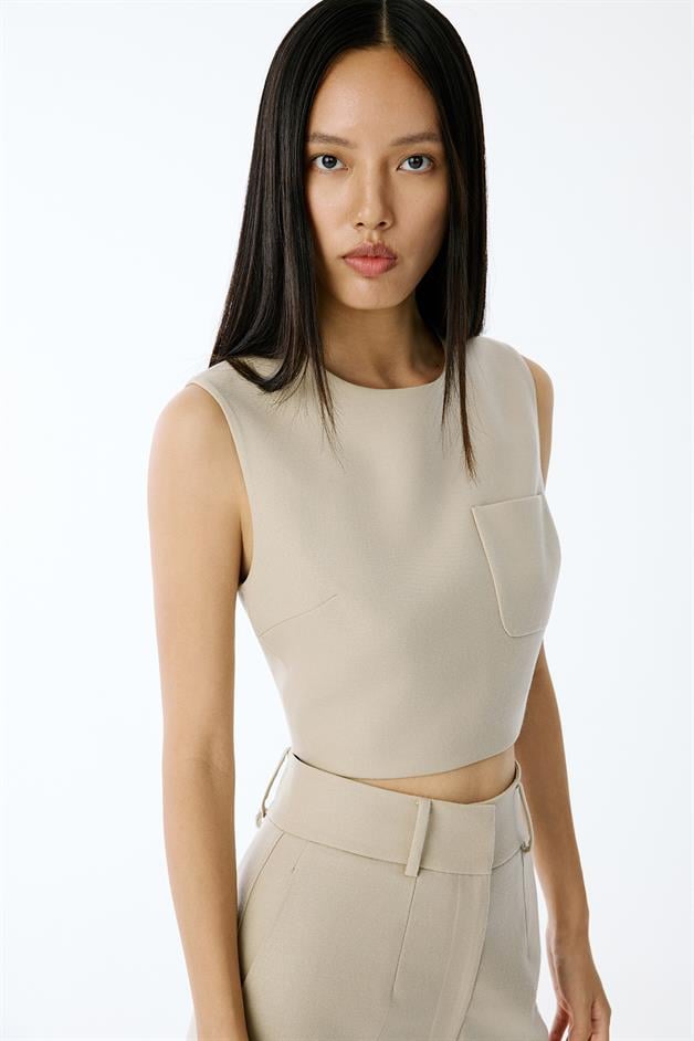 Wool-Textured Crop Beige Blouse