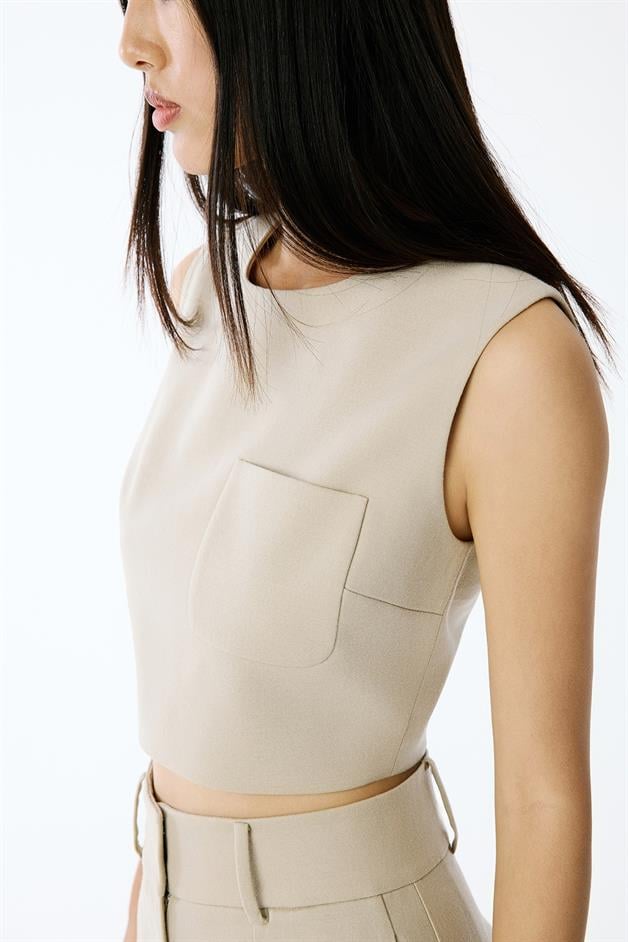Wool-Textured Crop Beige Blouse