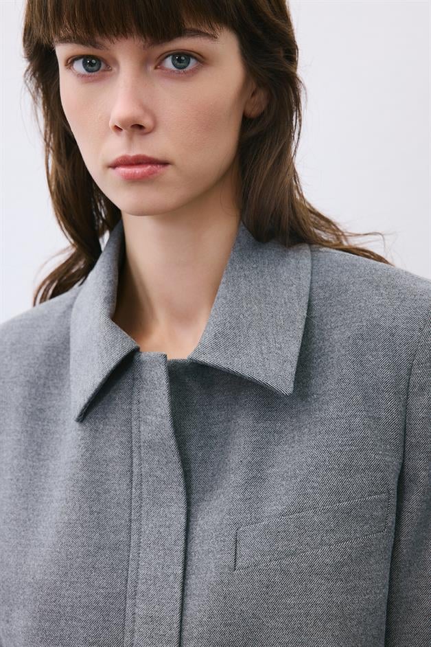 Grey Wool-Blend Zip-Up Crop Jacket