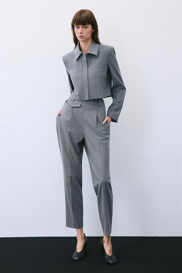 Grey Wool-Blend Zip-Up Crop Jacket