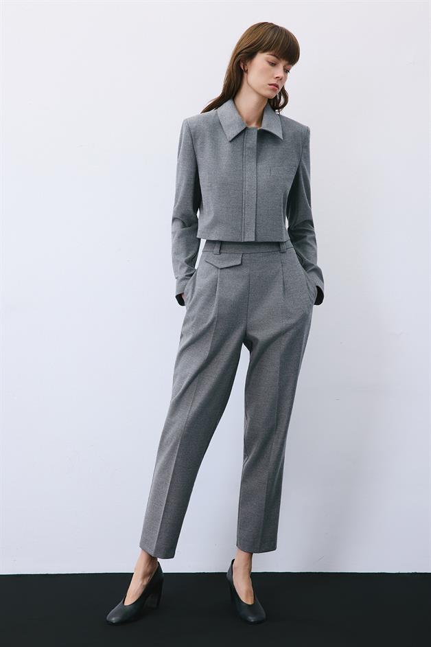 Grey Wool-Blend Zip-Up Crop Jacket
