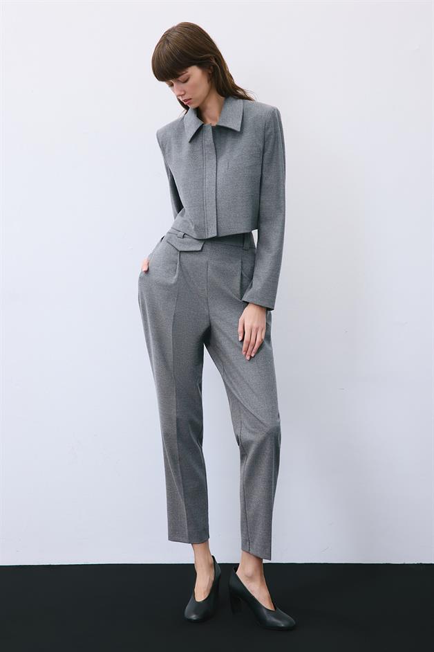 Grey Wool-Blend Zip-Up Crop Jacket