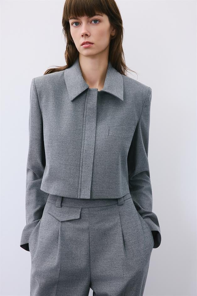 Grey Wool-Blend Zip-Up Crop Jacket