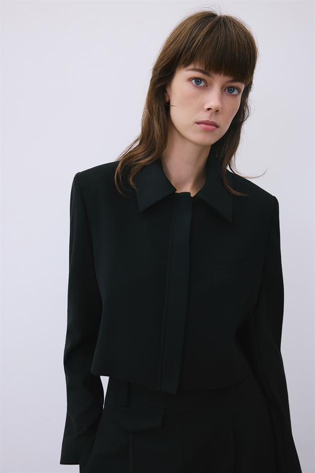 Black Wool-Blend Zip-Up Crop Jacket
