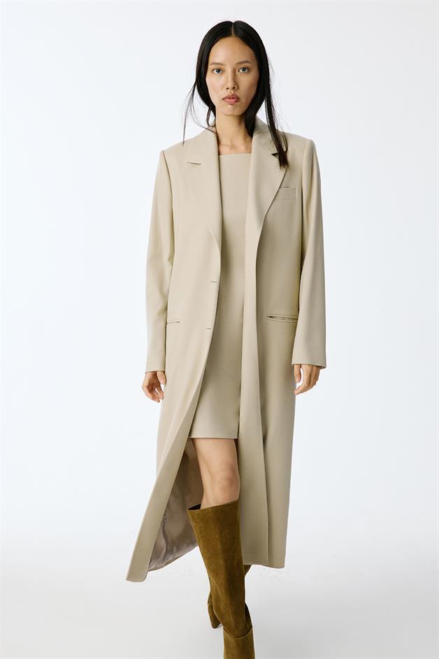 Wool-Textured Square Neck Mini Beige Dress