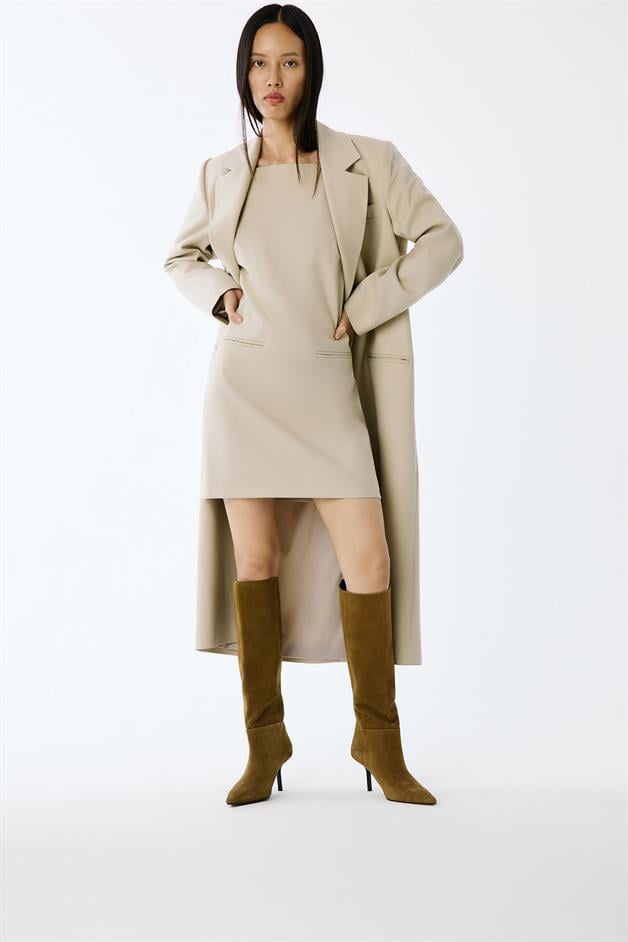 Wool-Textured Square Neck Mini Beige Dress