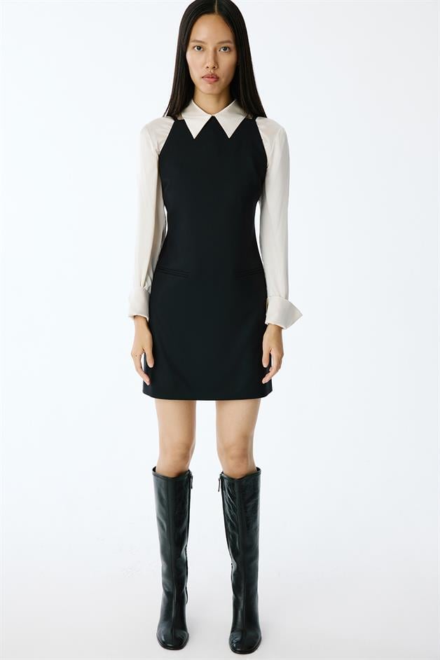 Wool-Textured Square Neck Mini Black Dress