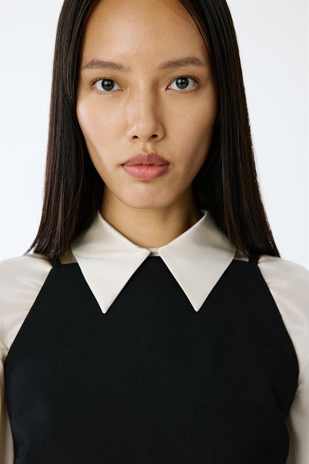 Wool-Textured Square Neck Mini Black Dress
