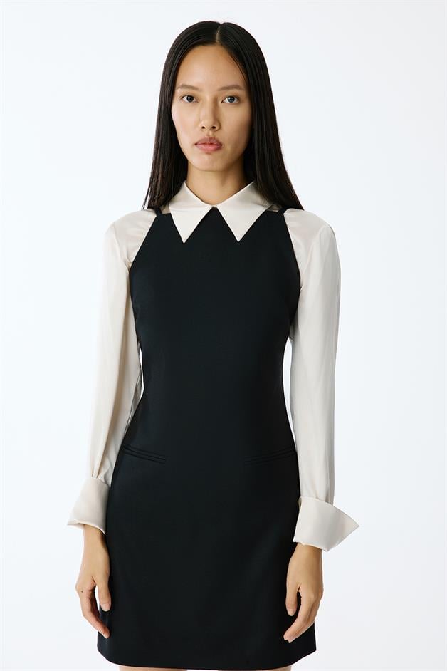 Wool-Textured Square Neck Mini Black Dress