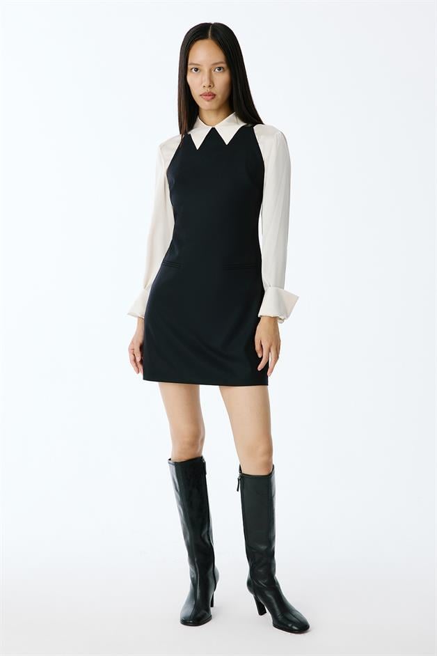 Wool-Textured Square Neck Mini Black Dress