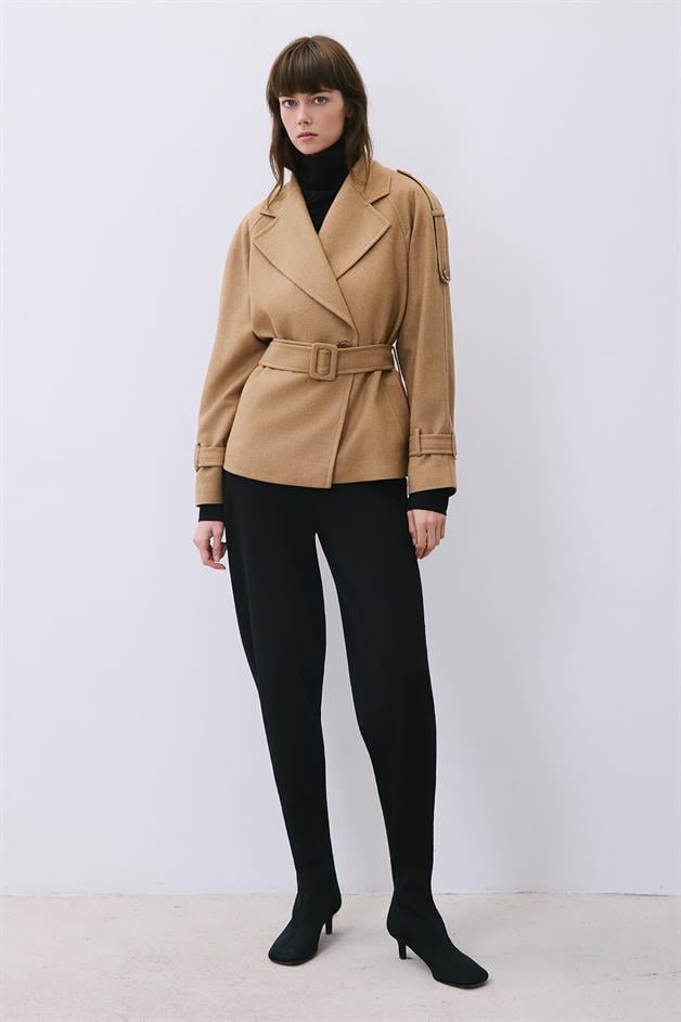 Camel Wool-Blend Belted Coat