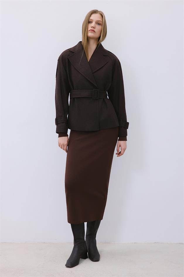 Brown Wool-Blend Belted Coat
