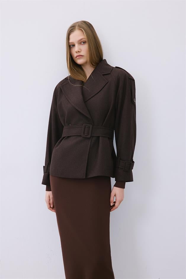 Brown Wool-Blend Belted Coat