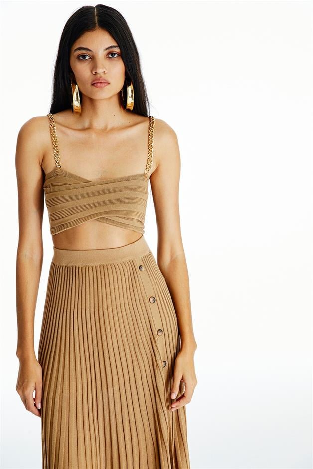 Zincir Askılı Camel Triko Top