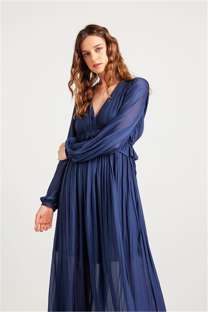 Beli Büzgülü Uzun, Uçuş Elbise Lacivert | DRESSES | RUE
